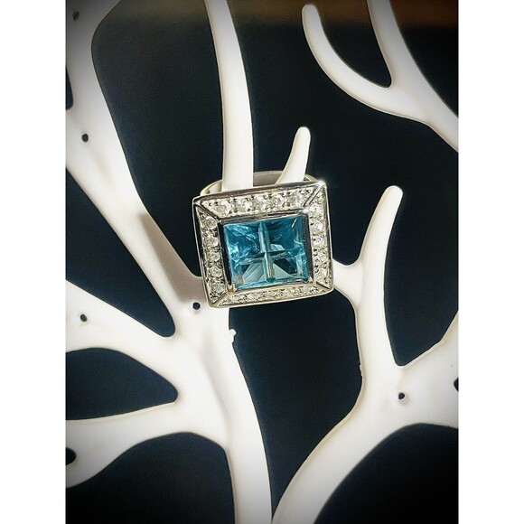 Vintage Signed Prime Art & Jewel Etched Aquamarine Sterling Silver Ring Sz 6 - Picture 5 of 6